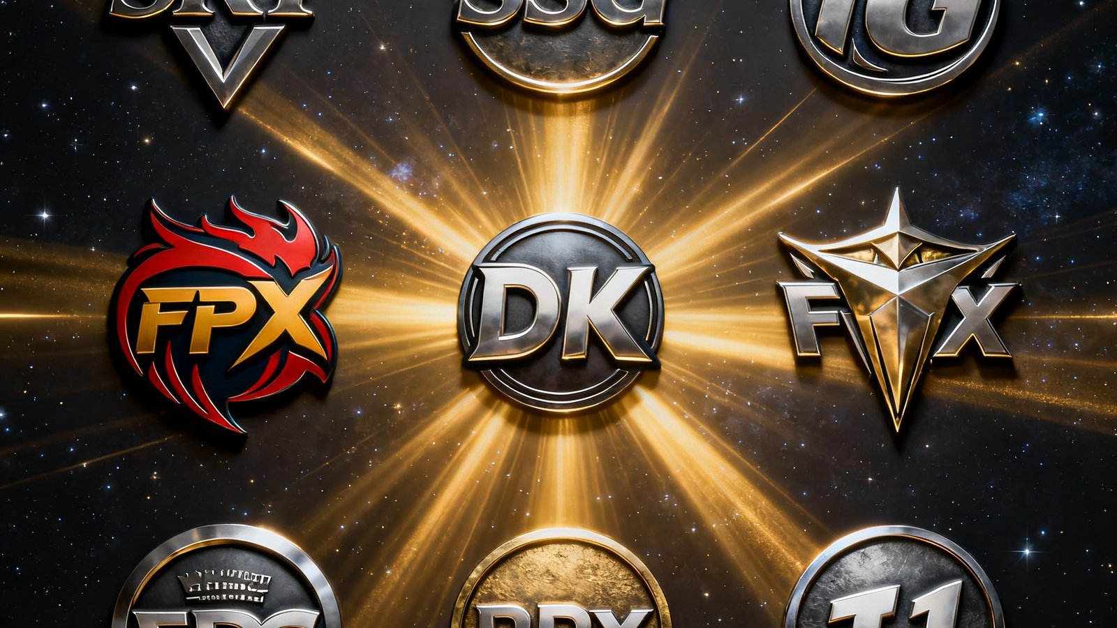 英雄联盟全球总决赛历届冠军战队荣誉墙，SKT三冠、SSG、iG、FPX、DK、EDG、DRX、T1的队标依序排列，金色光芒从中心向四周辐射，背景为深色星空