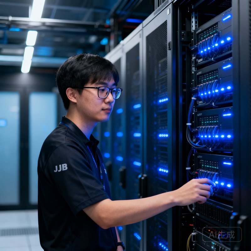 林伟鸿——JJB竞技宝CTO，前Riot Games数据工程师，戴着眼镜在服务器机房中检查设备，身后是整齐排列的机柜闪烁着蓝色指示灯