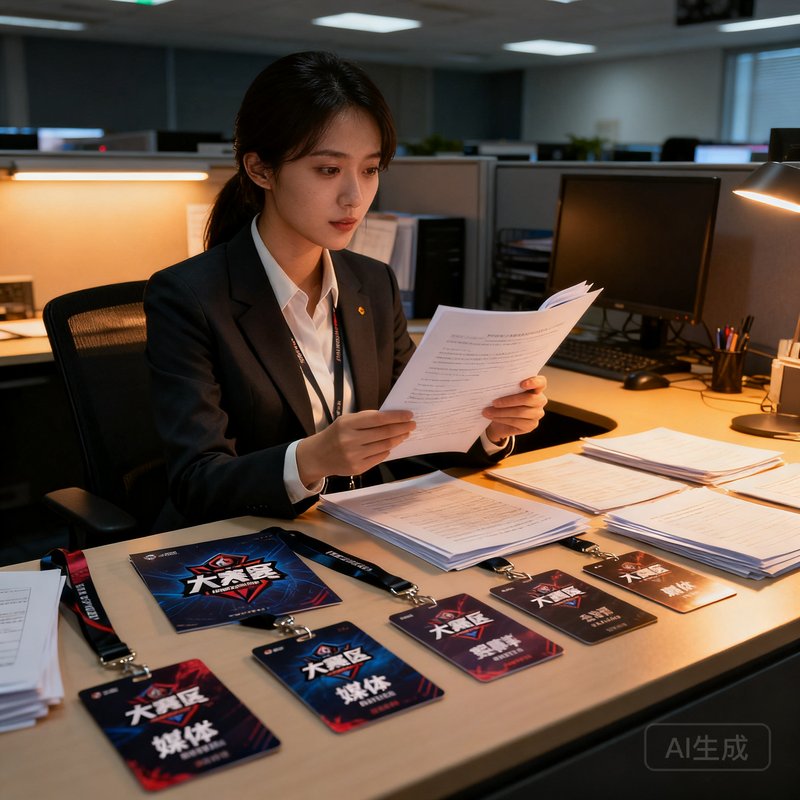 张雨薇——JJB竞技宝首席内容官，十年体育媒体经验，坐在编辑部的工位上审阅深度稿件，桌上摆放着各大赛区的赛事通行证和媒体证