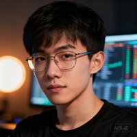 一位戴眼镜的年轻男性电竞分析师头像，穿着黑色T恤，背景是数据分析屏幕的模糊光晕
